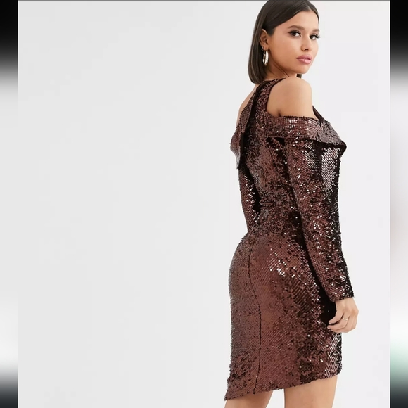 Lavish Alice maya velvet sequin asymmetric mini dress in chocolate - Picture 2 of 8